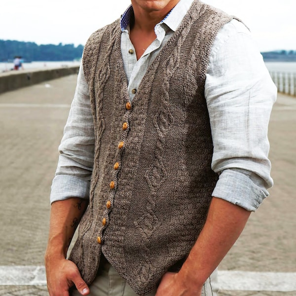 Men's Waistcoat Pattern | Men's Aran Knitting Patterns | Classic DK Cable Knit Cardigans Instant Download