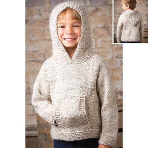 May include: A white hooded sweater with a front pocket, knitted in a speckled yarn. The sweater is shown on a child model.