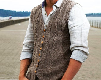 Men's Waistcoat Pattern | Men's Aran Knitting Patterns | Classic DK Cable Knit Cardigans Instant Download