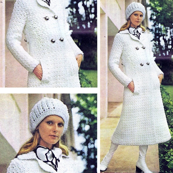 70s Double Breasted Women's Coat & Hat Crochet Pattern PDF Download | Retro Clothing | Long Jacket