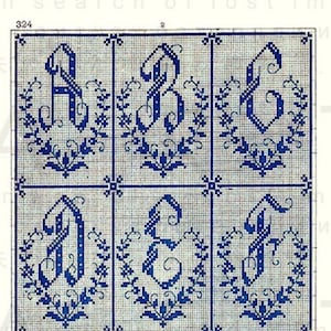 May include: A vintage cross-stitch pattern chart featuring the alphabet in a blue and white color scheme. Each letter is surrounded by a wreath of leaves and flowers.