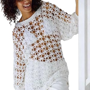 Lacy, Long Sweater Beach Coverup Easy Crochet Pattern | Women&#39;s Summer Tops, Beach Sweater Pattern Instant PDF Download