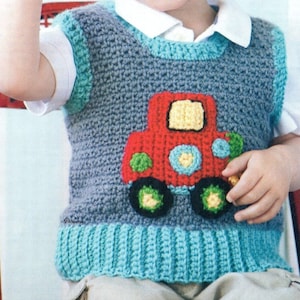 Cute Toddler Boys&#39; Vest With Car Applique. Kids Waistcoats Vintage Crochet Pattern PDF Instant Download