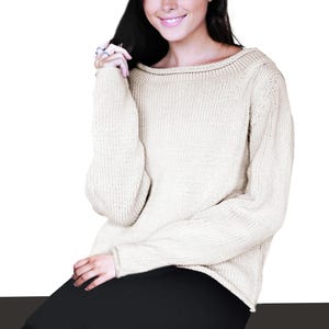 Basic Sweater Oversize, Rolled Boat Neck | Vintage Knitting Pattern Aran Yarn | Women's Simple Pullover Pattern PDF Download