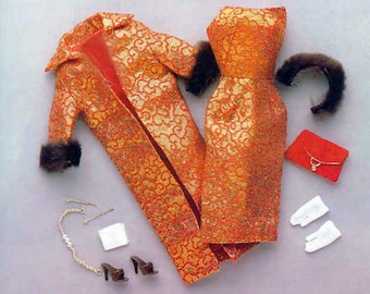 May include: A set of doll clothes featuring a long, orange and gold brocade coat with fur trim and a matching dress. The set also includes a small red purse, a pair of white gloves, and a pearl necklace.
