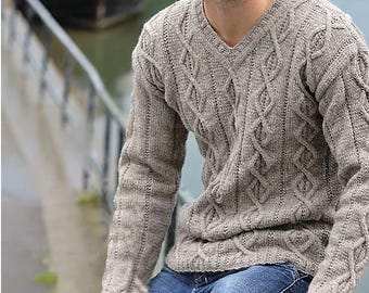 Mens Classic Aran Sweater With Choice of Round or V-neck, Vintage