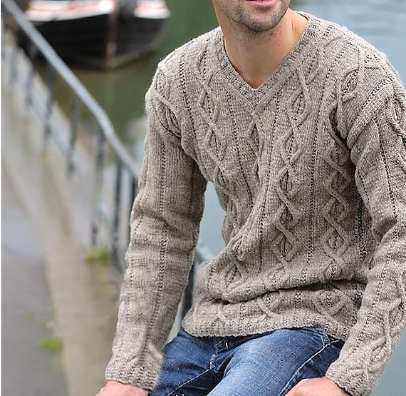 Men's Sweater Pattern Aran V Neck | Cable Knit Chunky