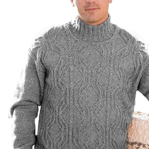 May include: A grey long-sleeve sweater featuring a mock neck collar and a textured cable knit pattern with vertical braided designs. The garment is constructed with a ribbed knit neckline, cuffs, and hem, providing a consistent look.