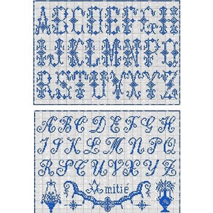 May include: Two cross-stitch alphabets in blue thread on a white grid. The top alphabet is block-style, while the bottom is cursive. Decorative elements include floral motifs and the word "amitié". Ideal for cross-stitch projects.