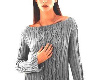 Damen Pullover Schnittmuster Aran Braids S-2X | Lockeres keltisches Top | Zopfmuster Strickmuster DK Garn | PDF-Download