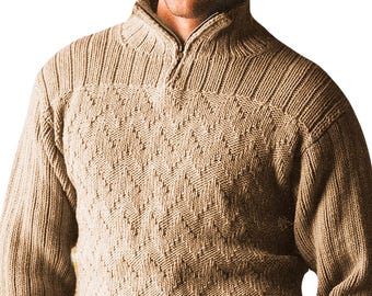 May include: A beige knitted sweater with a half-zip closure and a diamond pattern.