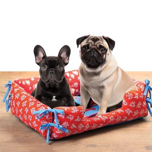 May include: Two dogs, a black French Bulldog and a beige Pug, sit in a red dog bed with a floral pattern. The bed has blue ties on the corners and a blue interior. The dogs are looking at the camera.