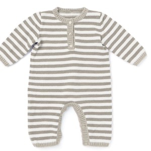 May include: A striped knitted baby onesie in white and grey with a button closure at the neck and poppers at the crotch.