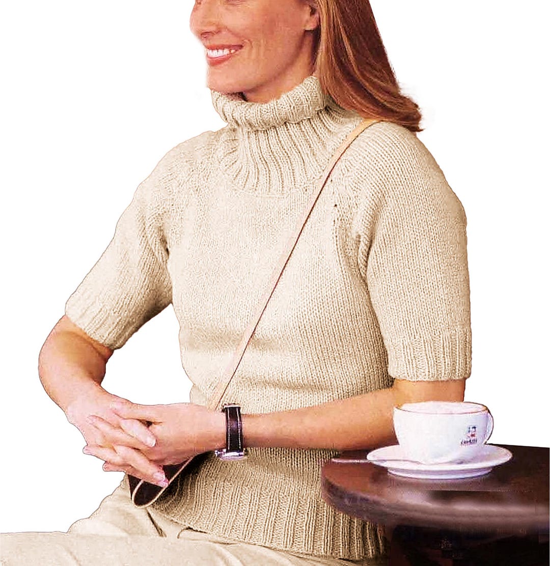 Easy Knitting Pattern Classic Raglan Turtleneck Sweater Short Sleeves ...
