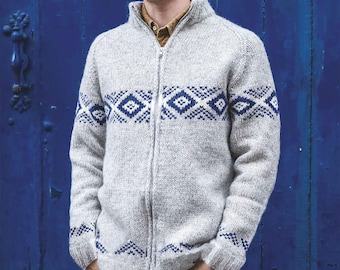 Fair Isle Cardigan For Men S-2X | Chunky Knitting Pattern Zip Up Jacket | Vintage Instant PDF Download
