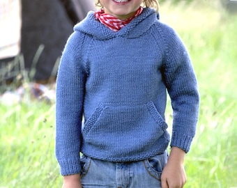 Kids Hooded Sweater Easy Knitting Pattern In Aran Yarn | Boys & Girls 6 mo. to 7 yrs. Kangaroo Hoodie | PDF Download