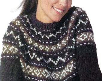Icelandic Pullover For Women S-2X | Round Yoke Fair Isle Sweater, Nordic Knitting Pattern | Loose Fit Pattern PDF Download.