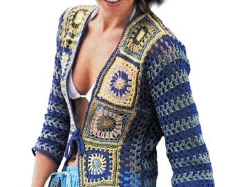 Oma Quadrat Jackenmuster | Häkelanleitung Frühling, Sommer | Frauen Boho Tops | Patchwork Strickjacke Anleitung PDF Download