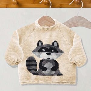 Entzückender Waschbär Pullover für Baby | Einfaches Intarsia Strickmuster | Jungen & Mädchen Babys Top Gr. 0-18 Monate PDF-Download