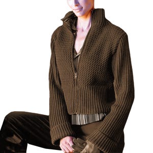May include: A brown knitted zip-up jacket with a textured pattern. The jacket features a high collar, ribbed cuffs and hem. The model is wearing a collared shirt and dark trousers.