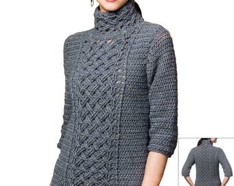 May include: Grey crocheted sweater with a high neck and a cable knit pattern. The sweater has a long sleeve and a relaxed fit.