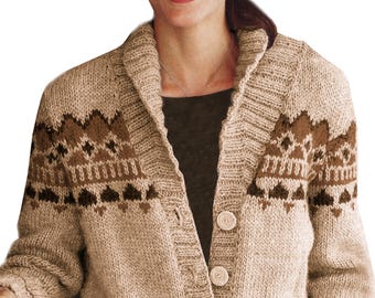 Shawl Collar Fair Isle Cardigan, S-XL Jacket Aran Yarn |  Vintage Knitting Pattern PDF Download