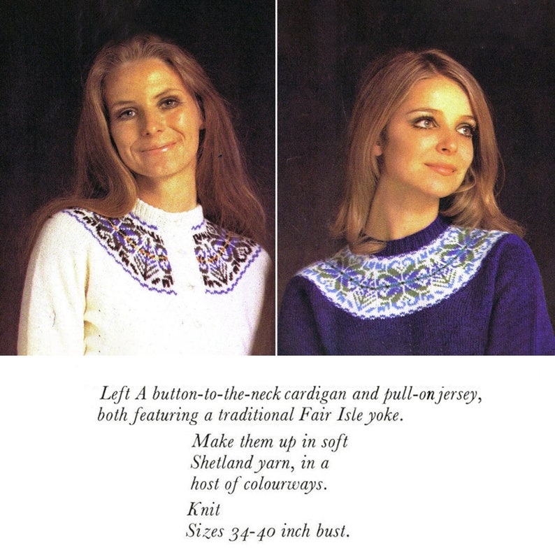 2 Fair Isle Sweater Knitting Patterns for Women. Cardigan Sweater. Vintage 60s Jumpers With Fair Isle Knit Yokes. image 1