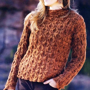 May include: A brown knitted sweater with a textured cable knit pattern. The sweater has a high neck and long sleeves.