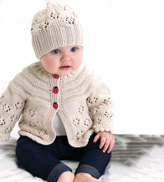 Lovely Baby Cardigan & Hat Set | Lacy EASY Knitting Pattern 6-24