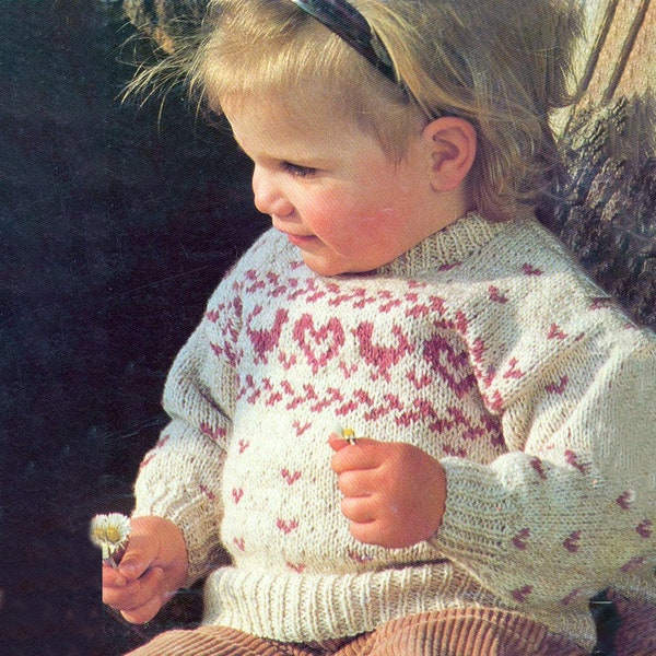 Fair Isle Sweater PDF Pattern hearts & Birds. Knitting Patterns Toddler And Older Girls. Instant Digital Download.