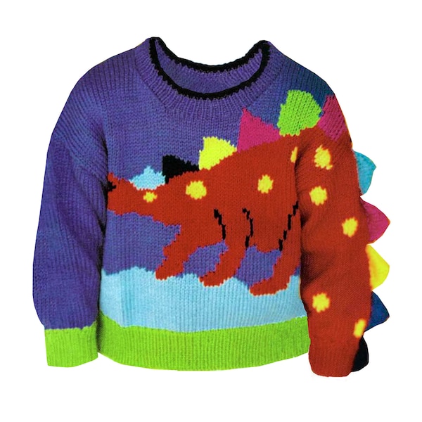 Modèle de pull dinosaure PDF pour enfants, garçons et filles, tailles 2-4-6. Haut stégosaure en tricot pour enfants avec pointes 3D
