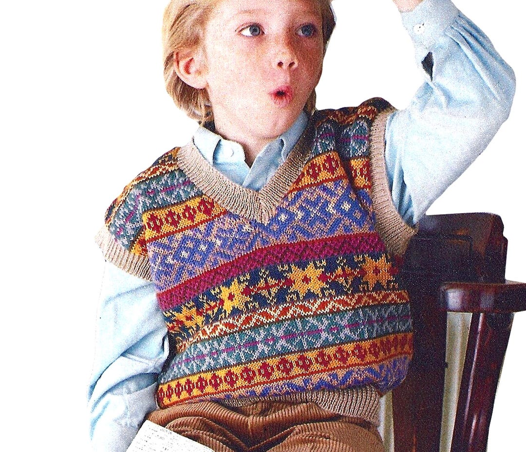 Boy Vest Knitting Pattern, Fair Isle Slipover | Vintage Colorwork Gilet ...