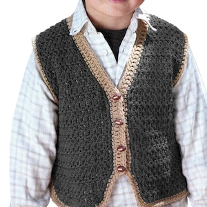 May include: A gray crocheted vest with brown trim and a button closure. The vest has a textured pattern and is made with a soft yarn.