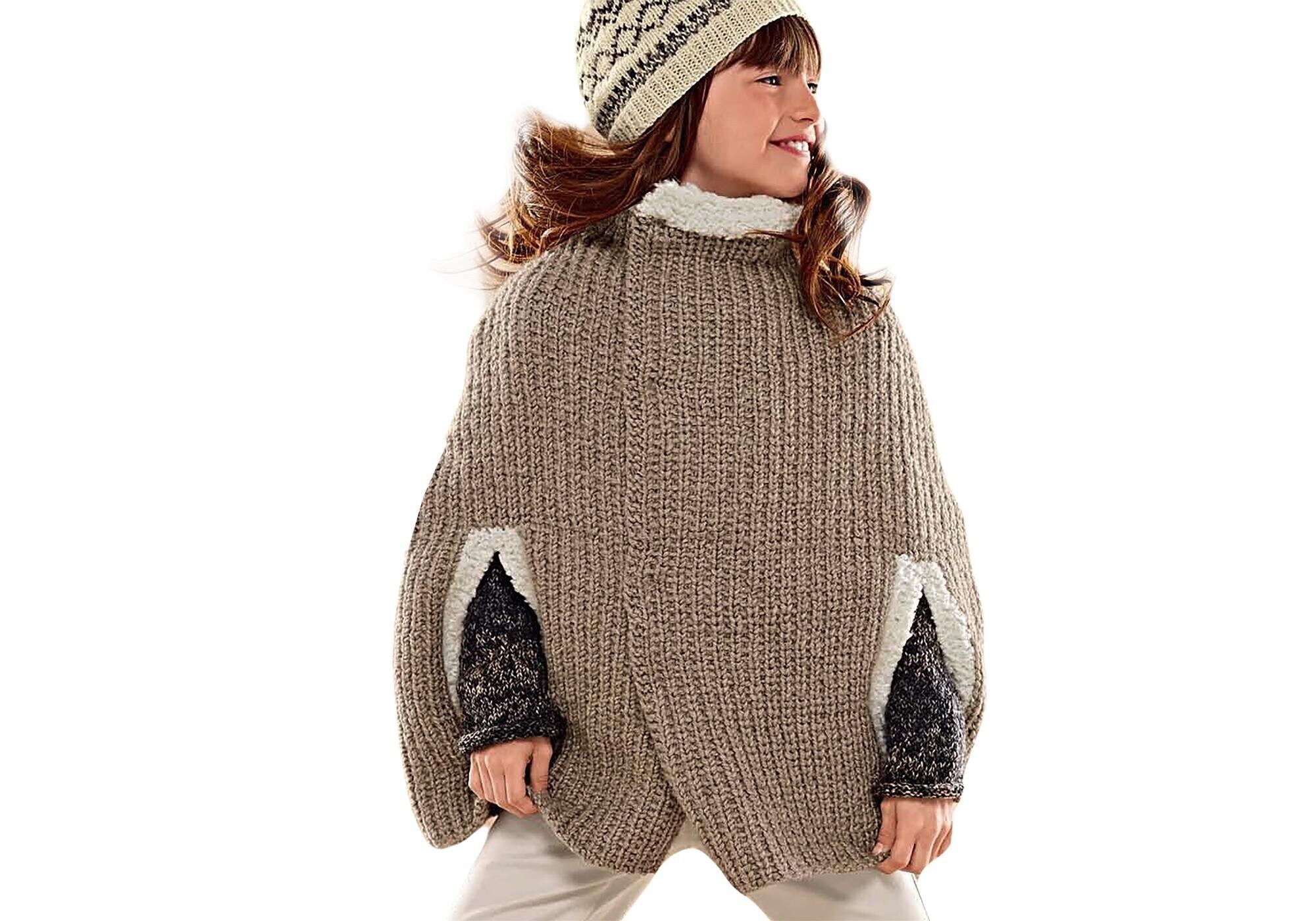 Child Poncho, Kids Cape Knitting Pattern 4 to 10 yrs. | Warm, Chunky Coat Pattern For Girls & Boys PDF Download