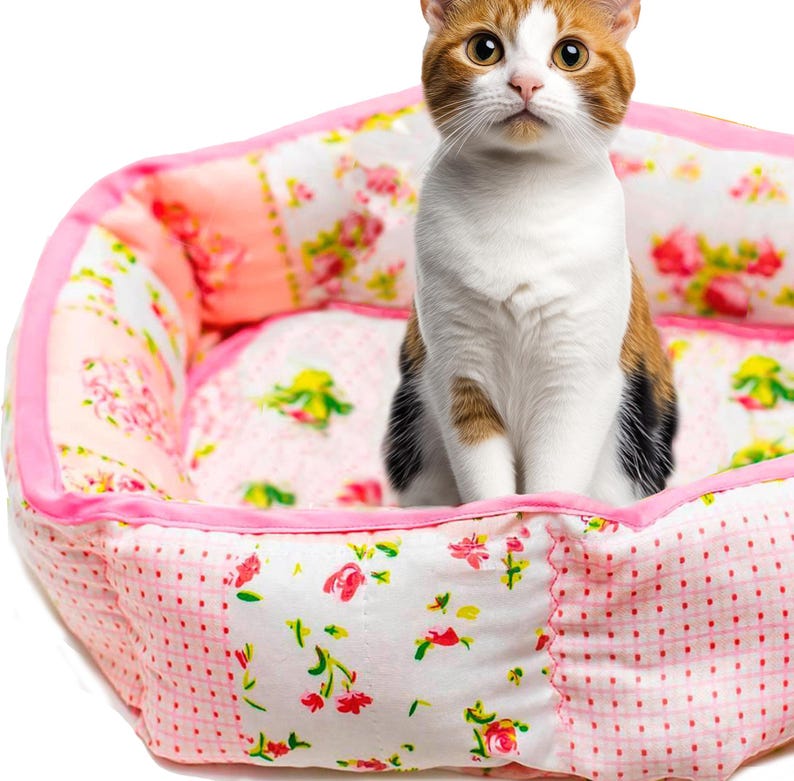 Puede incluir: Un gato calic&oacute; est&aacute; sentado en una cama para mascotas rosa y con estampado floral. La cama tiene un ribete de sat&eacute;n rosa y est&aacute; hecha de tela acolchada. El gato tiene pelaje naranja, blanco y negro y mira directamente a la c&aacute;mara.