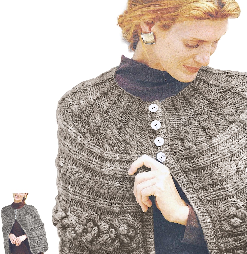 Women's Aran Cape Knitting Pattern L Cables & Bobbles Bulky Wrap L ...