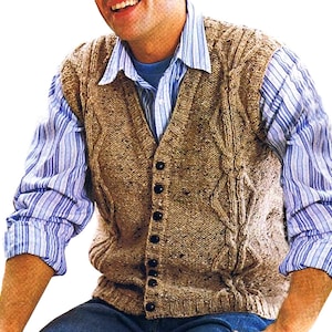 Chaleco Aran / Patrón de punto vintage para hombre en PDF para descargar / Cárdigans y chalecos de punto trenzado con hilo DK clásico