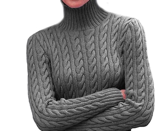 Gorgeous Classic Cable Knit Sweater S-2X | Women's Fitted Pullover Turtleneck, Vintage Knitting Pattern Instant PDF Download