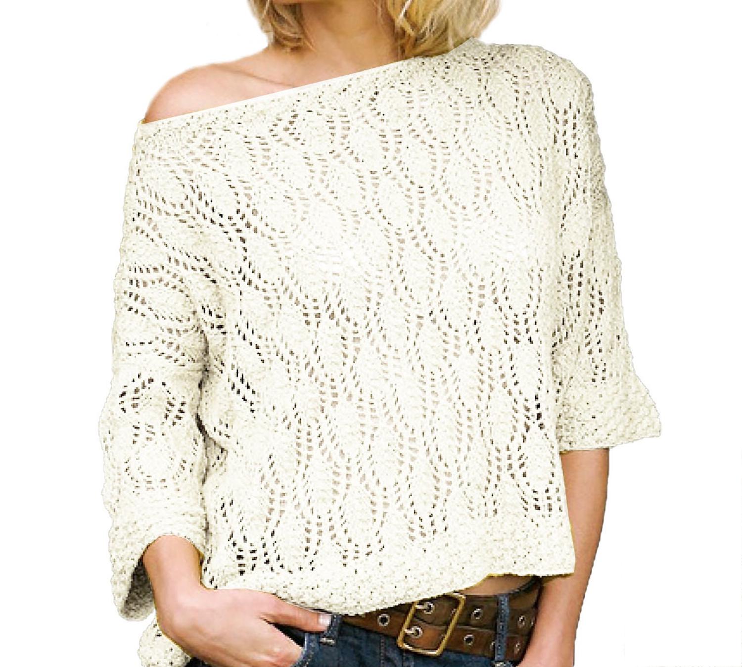 Knit Sweater Pattern, Crop Top | Lacy, Boat Neck Tee Knitting