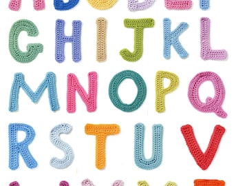 May include: A colourful alphabet made of crocheted yarn. Each letter is a different colour, including pink, blue, green, yellow, orange, and purple.