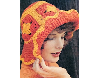 CROCHET Hat Pattern Granny Square For Women PDF DOWNLOAD. Bucket Hat 70s Bohemian Crochet.