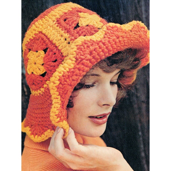 CROCHET Hat Pattern Granny Square For Women PDF DOWNLOAD. Bucket Hat 70s Bohemian Crochet.