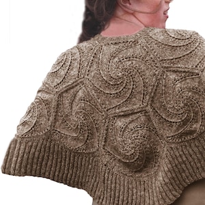 May include: A brown knitted shawl with a spiral design. The shawl is made of a soft, textured yarn and features a ribbed border. The intricate pattern creates a unique and stylish accessory, perfect for adding warmth and flair to any outfit.