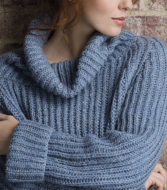 Easy Knitting Pattern Women's Sweater Ribbed, Cowl Neck Comfy
