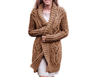 PDF Pattern Aran Coat, Shawl Collar Jacket With Irish Braids | Women's Chunky Knit Cardigan Instant Download