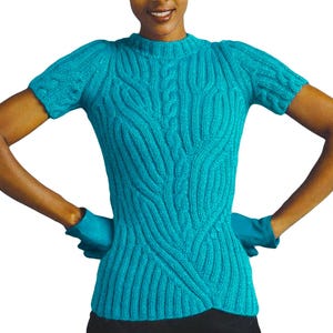 DESLUMBRANTE suéter feminino Aran com padrão de mangas curtas | Blusa de primavera robusta e ajustada com padrão de tricô Celtic Cables | Download em PDF