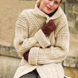 Women's Aran Jacket Shawl Collar, Ribbed Car Coat | Chunky Irish Fisherman Cable Knit Cardigan S-XL