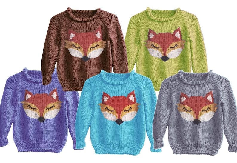 May include: Five knitted sweaters with a fox design. The sweaters are in brown, green, blue, purple, and gray.