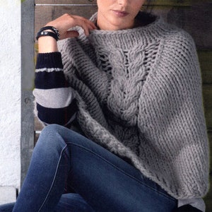 Easy Knitting Pattern Poncho | Chunky Cable Knit Short Cape, Women&#39;s Aran Wrap | Instant PDF Download