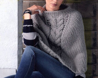 Patrón de tejido fácil: poncho, capa corta de punto trenzado grueso, chal Aran para mujer, descarga instantánea en PDF